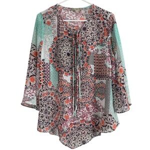 00679 Live and Let Live Patchwork Print Tie Neck Long Sleeve Tunic Top Women's M